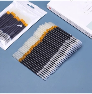 Bulk pack of black 0.5mm gel pen refills shown in neat rows on a blue background