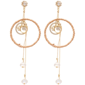Bohemian crystal fringe earrings with woven rings, star and moon charm, and gold tassels