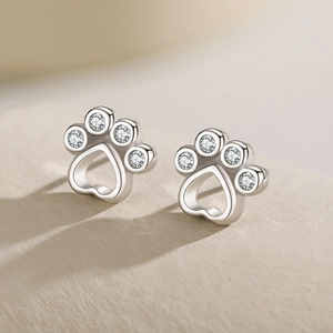 Elegant S925 sterling silver heart bear paw earrings with sparkling zircon stones