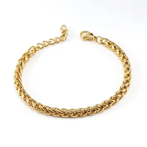 18K Gold Plated Stainless Steel Wheat Chain Bracelet Fashion Keel Link Adjustable Extension For Men Women