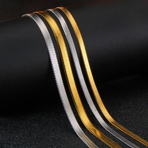 Polished stainless steel herringbone flat snake chains in gold and silver finish for unisex