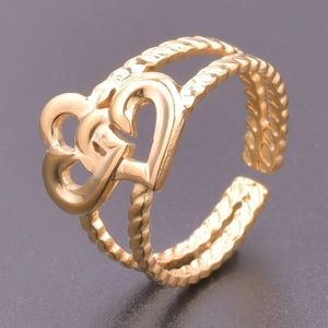 Adjustable gold double heart ring with twisted rope band for women in romantic style