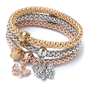 Three-piece stretch popcorn chain bracelet set with gold, silver, rose gold butterfly charms