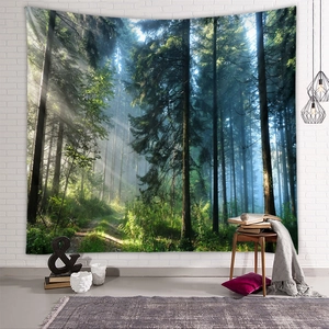 Detail of forest tapestry with sunlight beams hanging on a modern white brick wall