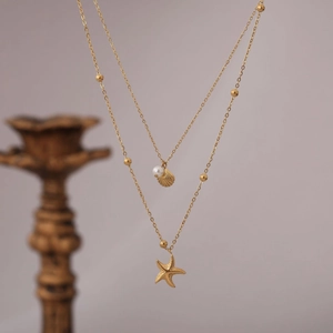 Double Layer Necklace Stainless Steel 18K Gold Plated Sea Star Shell Faux Artificial Pearl Pendant Ocean Summer Beach Jewelry For Women