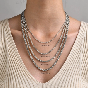 Silver stainless steel twist chains in 2mm, 3mm, 4mm, and 5mm widths on a model