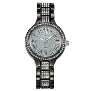 Montre à quartz pour femme en métal gris avec strass brillants et chiffres romains