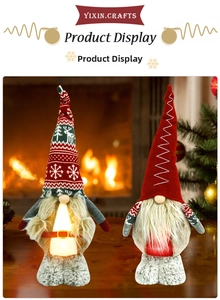 Detail of glowing Christmas gnome ornaments with plush textures and warm LED lights