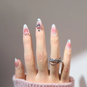 Unghie a Pressione Mandorla Lunghe Rosa Bianco Sfumato Dolce Cuore Strass Perla Unghie Finte Artificiali Con Kit Colla