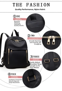 Detailed views of black nylon backpack featuring golden hardware and refined stitching