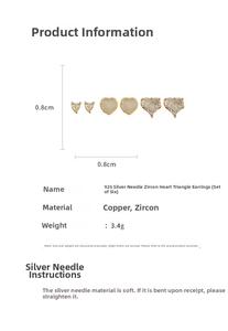 Détail du lot de 6 boucles d'oreilles cœur en zircon avec dimensions et tige en argent 925