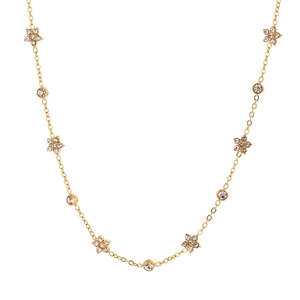 Gold chain necklace featuring sparkling zircon flower and round charms on white background