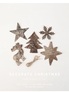 Set of five rustic natural bark Christmas ornaments including star and reindeer shapes