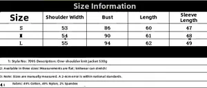 Size chart for off-shoulder knitted jacket with measurements and fabric composition