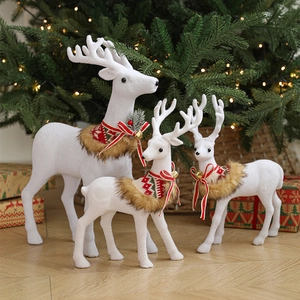 Christmas Reindeer Ornaments Flocked White Deer Figurines With Bell Bow For Holiday Home Desktop Decor