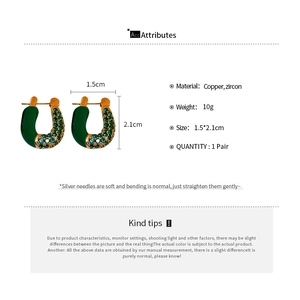 Detailed size specifications of green U-shaped earrings with zircon inlay and copper base