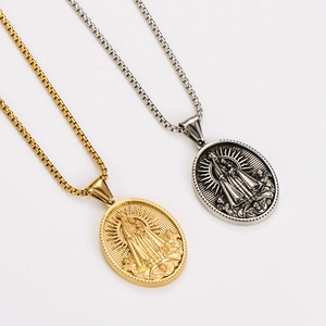 Retro stainless steel Virgin Mary oval pendant necklaces in gold and silver finish