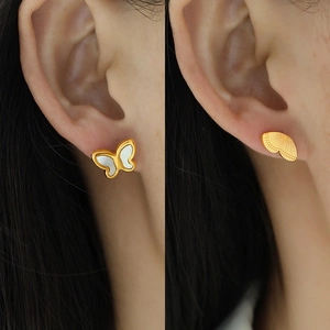 18k gold plated titanium steel butterfly earrings with white shell and textured metal