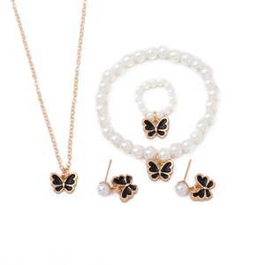 Parure de bijoux papillon doré avec émail noir et perles blanches pour femmes élégantes