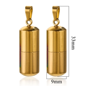 Detailed size view of gold stainless steel capsule pendants with dimensions 33mm by 9mm