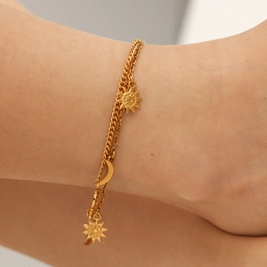 Double-layered 18K gold plated stainless steel anklet with sun and moon charms for women