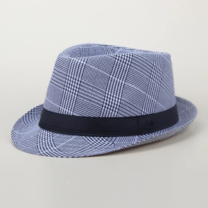 British style striped fedora hat for men in blue and white patterns with black ribbon