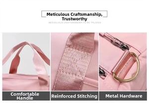 Detail of pink yoga bag featuring reinforced stitching, dual handles and golden D-rings