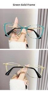 Detail of teal green and gold metal cat-eye glasses frame with slim metallic temples