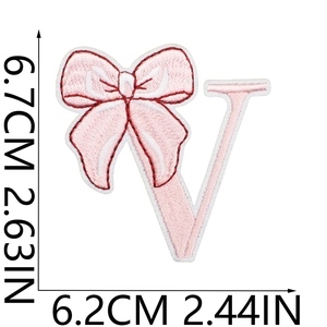 Pink bow embroidery letter V patch size chart showing dimensions 6.7cm by 6.2cm