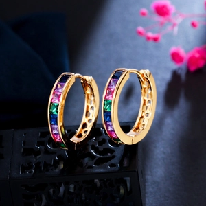 Colorful Rainbow Zircon Hoop Earrings Copper Geometric Square Cut Ear Cuffs For Women Elegant Fashion