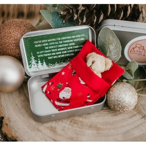 Christmas miniature plush teddy bear in red festive sleeping bag and silver tin gift box