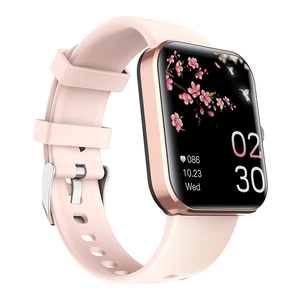 F57L smart watch with pink silicone strap and rose gold square case on white background