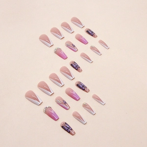 Long trapezoid press-on nails with purple butterfly prints, French tips and rhinestones