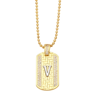 Detail of gold rectangular pendant necklace with silver letter V and pavé micro-inlay