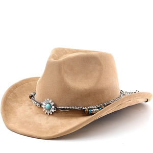 Vintage Western Cowboy Hat Suede Wide Brim Fedora With Sunflower Metal Buckle Turquoise Beads Ethnic Band Outdoor Travel
