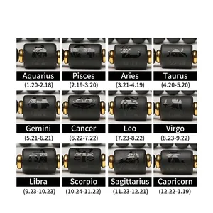 Natural agate 12 zodiac bracelets with black matte beads and gold charms for men and women