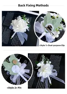 Detail of white handmade silk boutonniere with beads and dual-purpose clip for weddings