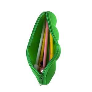 Pea pod shaped green silicone pencil case with zipper closure and spacious interior storage