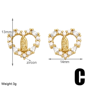 Detailed view of heart-shaped gold earrings with zircon stones and Mary relief, 13x14mm