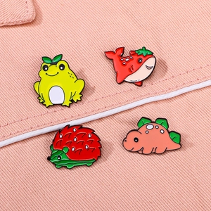Cute cartoon animal fruit enamel pin set featuring frog, whale and dinosaur badges