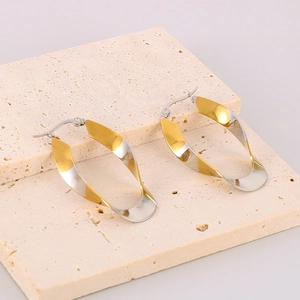 Detail of twisted U-shaped titanium earrings in gold and silver on stone