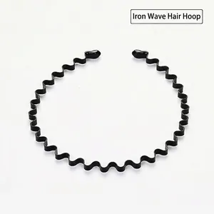 Detail view of a black wavy metal headband with flexible sawtooth structure for hair