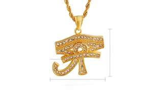 Detail showing 27x33mm 18K gold plated Horus eye pendant with cubic zirconia and rope chain