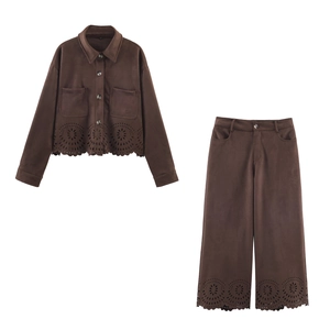 Women Suede Jacket And Wide Leg Pants Laser Cut Hollow Floral Hem Button Down Casual Vintage Streetwear Brown