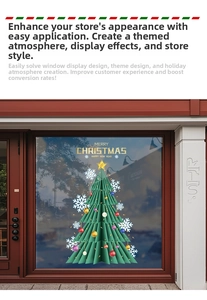 Detailed view of layered green Christmas tree window sticker with festive ornaments