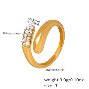 Detail view of gold stainless steel teardrop ring with dimensions and rhinestone width