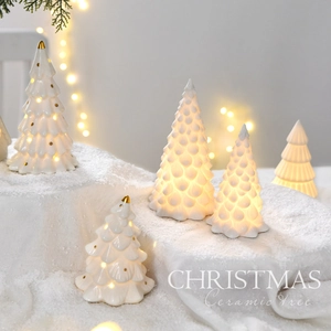 Mini ceramic Christmas tree table decorations with warm LED lights and gold dots