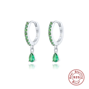 Detail of S925 sterling silver earrings with green zircon teardrop pendants and S925 hallmark