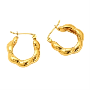 Polished gold twisted hoop earrings made of titanium steel with a sleek croissant texture
