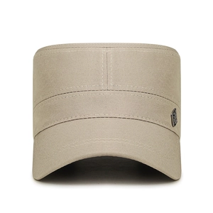 Men's khaki cotton canvas flat top military cap with reinforced stitching and metal badge